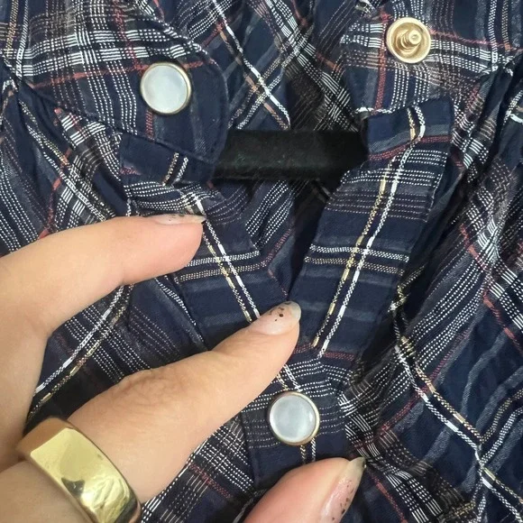 Veronica Beard Sz 4 Ashlynn Plaid Button Up Blouse Navy Blue Pearl Snap Academia - Picture 6 of 11
